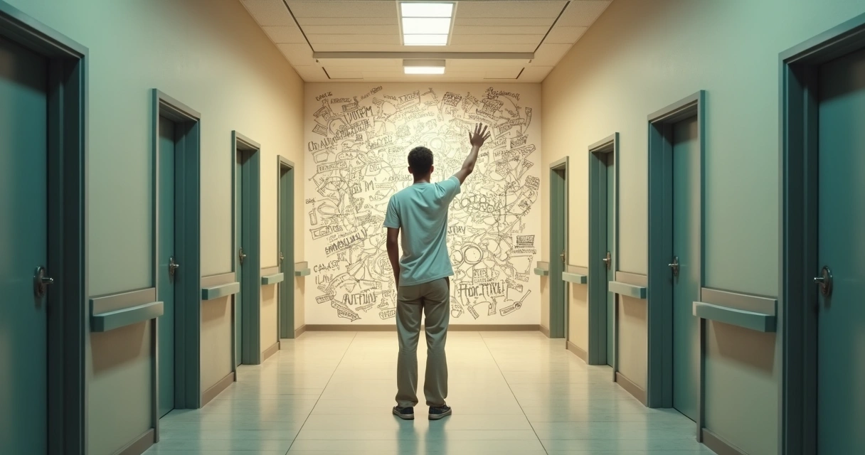 Adulto em corredor com portas olhando para sinalização confusa na parede
