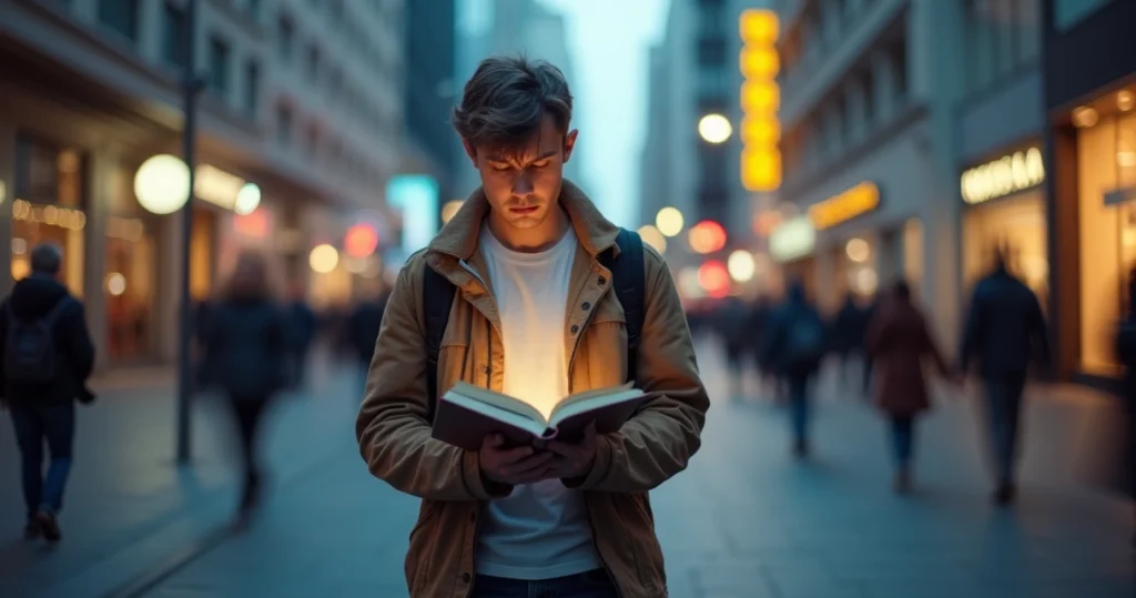 Adulto caminhando em cidade com fundo borrado e feixe de luz destacando livro nas mãos