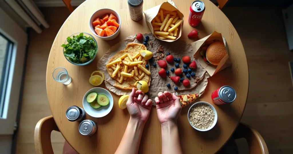 Mesa vista de cima com alimentos saudáveis de um lado e junk food do outro