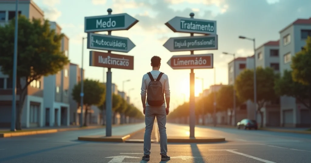 Adulto parado em encruzilhada de rua com placas simbolizando diferentes caminhos para lidar com a ansiedade