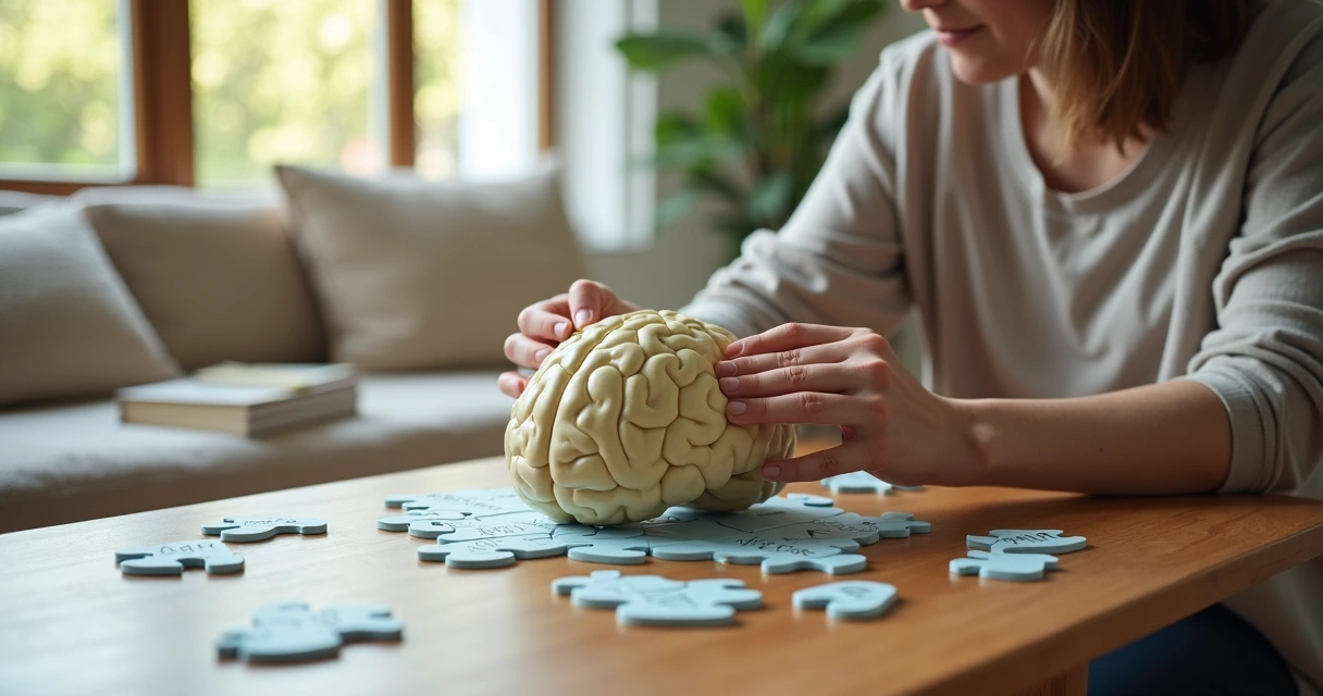 Pessoa montando quebra-cabeça de cérebro simbolizando terapia cognitiva e ansiedade