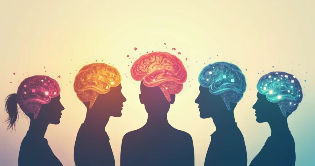 Várias ilustrações de cérebros coloridos representando diferentes formas de pensar