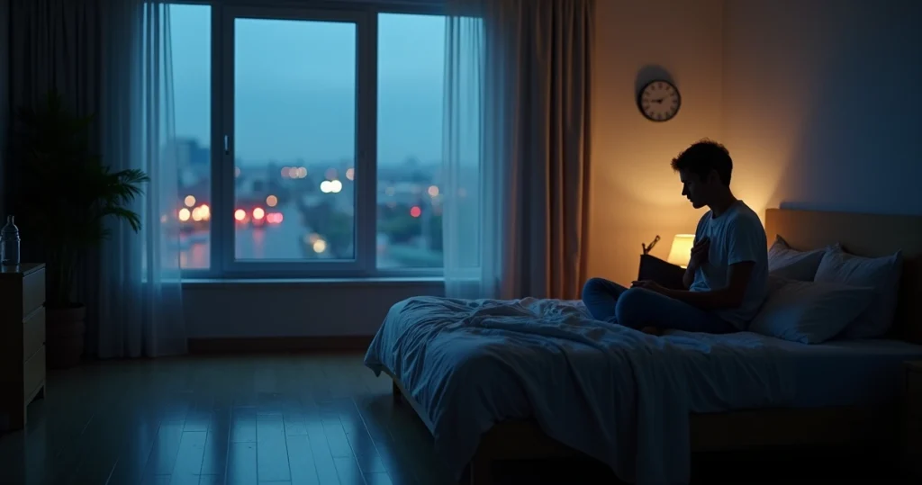 Quarto à noite com luz de rua entrando pela janela e silhueta de pessoa sentada na cama
