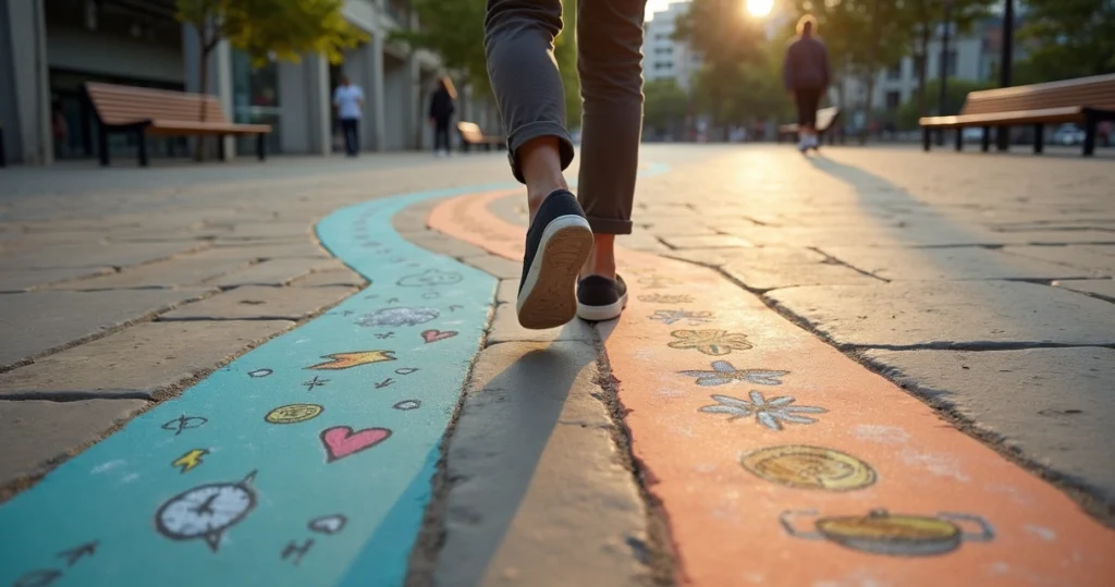 Adulto em pé sobre dois caminhos desenhados no chão, decidindo qual direção seguir
