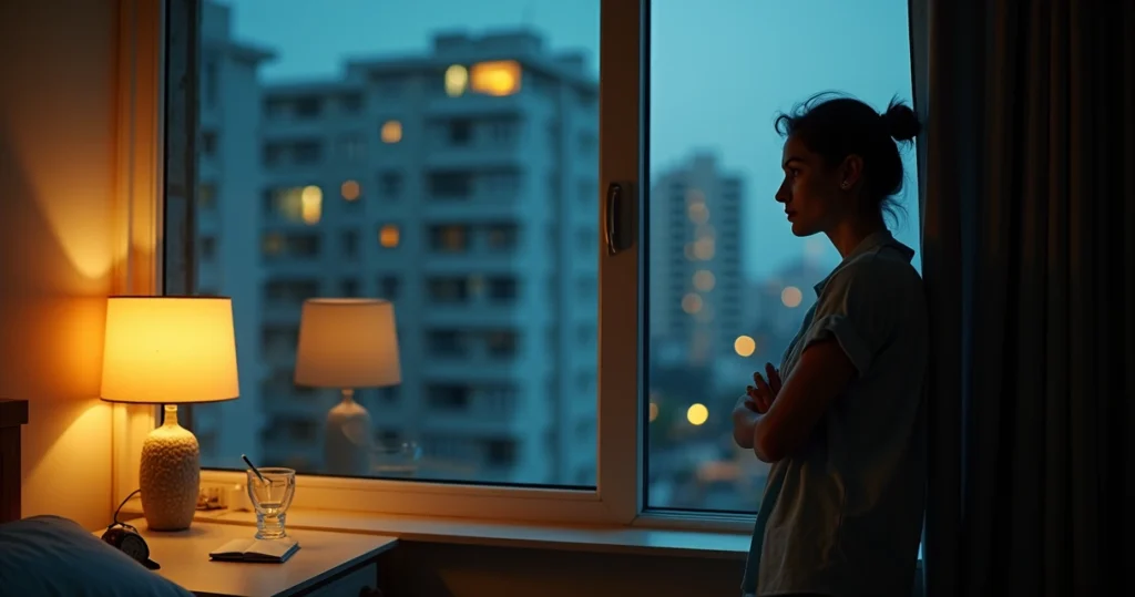 Pessoa observando a cidade pela janela à noite com expressão de tristeza