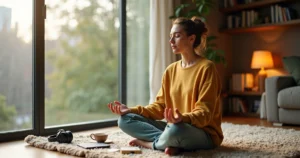 Pessoa sentada em posição confortável meditando em sala iluminada