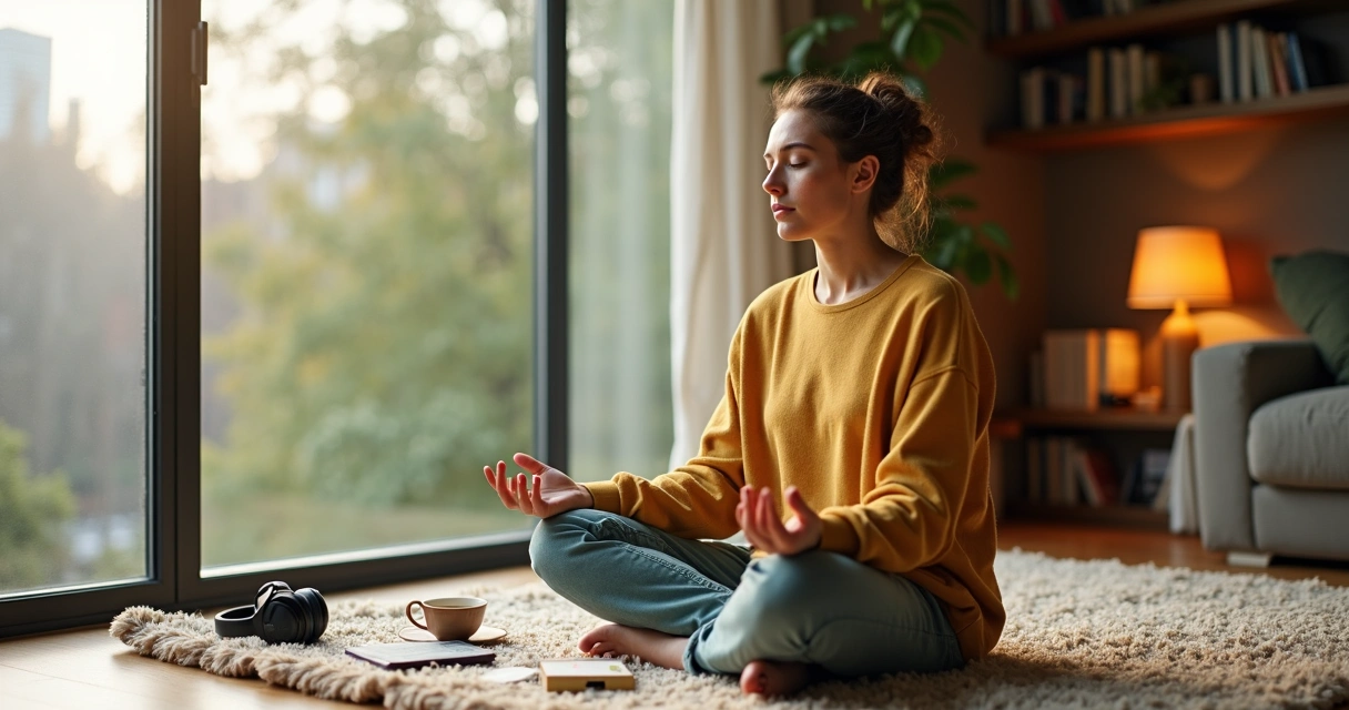 Pessoa sentada em posição confortável meditando em sala iluminada