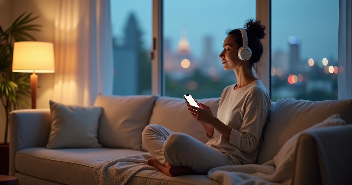 Mulher adulta relaxando em meditação guiada com fones em sofá confortável