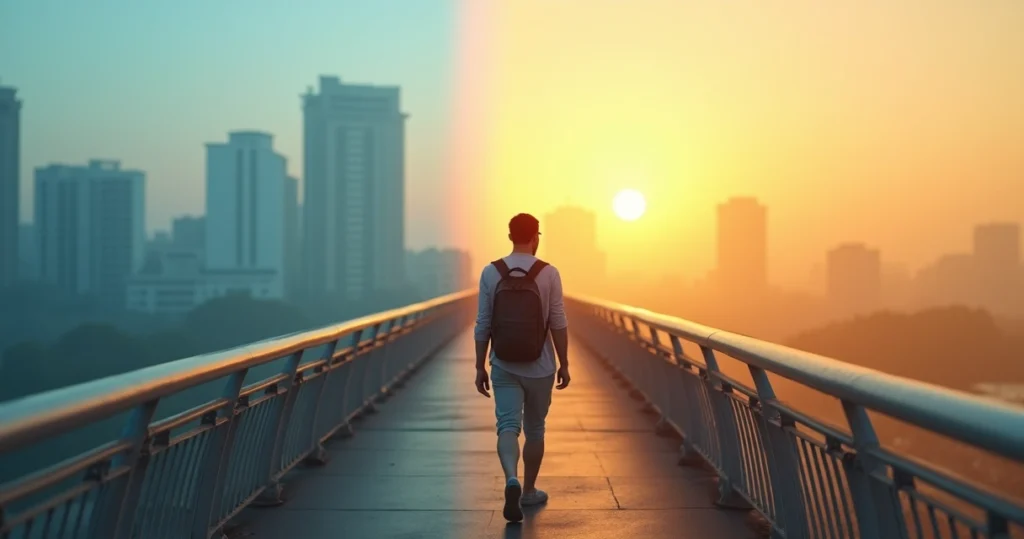 Pessoa caminhando em ponte entre parte escura e parte iluminada da cidade