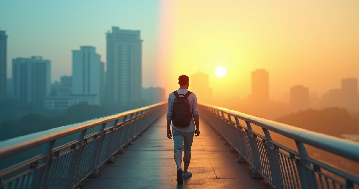 Pessoa caminhando em ponte entre parte escura e parte iluminada da cidade
