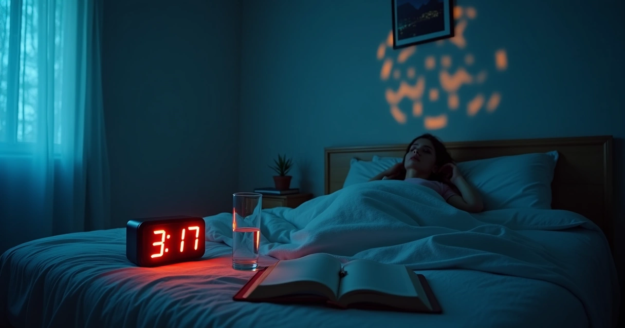 Quarto escuro com relógio marcando madrugada e pessoa acordada na cama