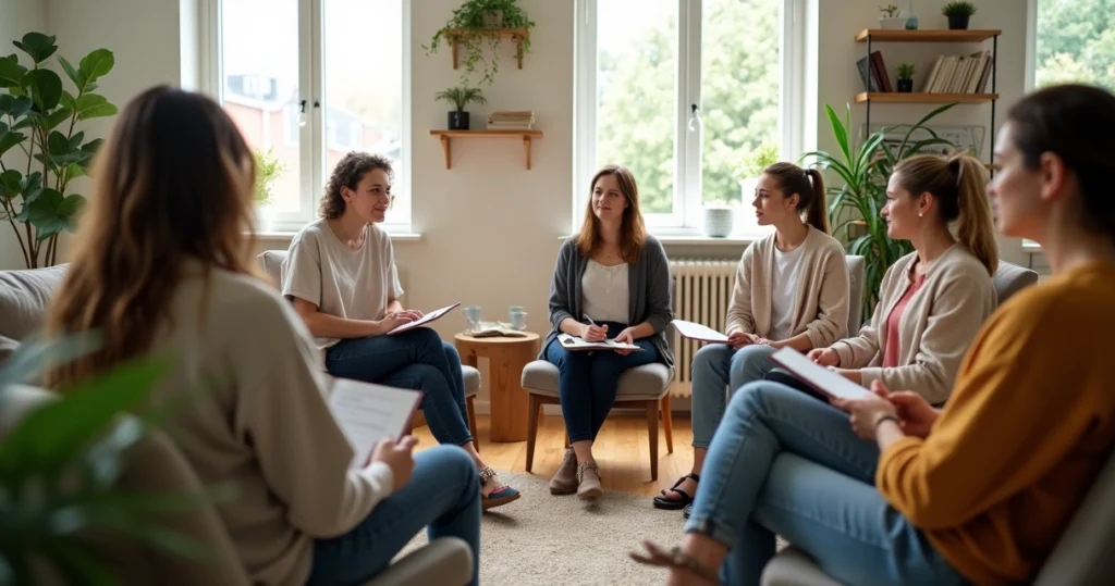 Adultos sentados em roda em sala clara simbolizando apoio emocional