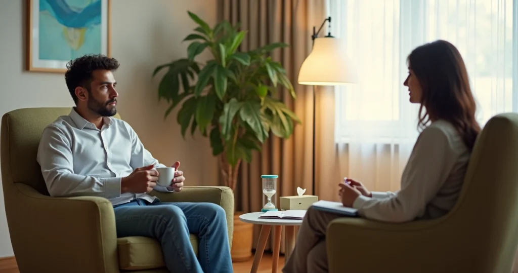 Pessoa adulta em terapia sentada em poltrona conversando com psicóloga em consultório acolhedor
