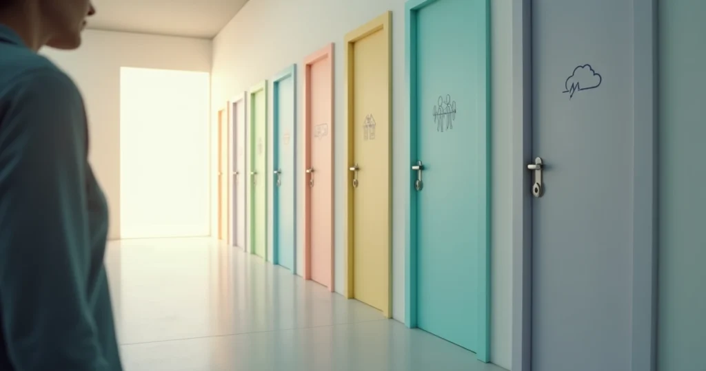 Várias portas coloridas alinhadas em um corredor representando diferentes tipos de ansiedade
