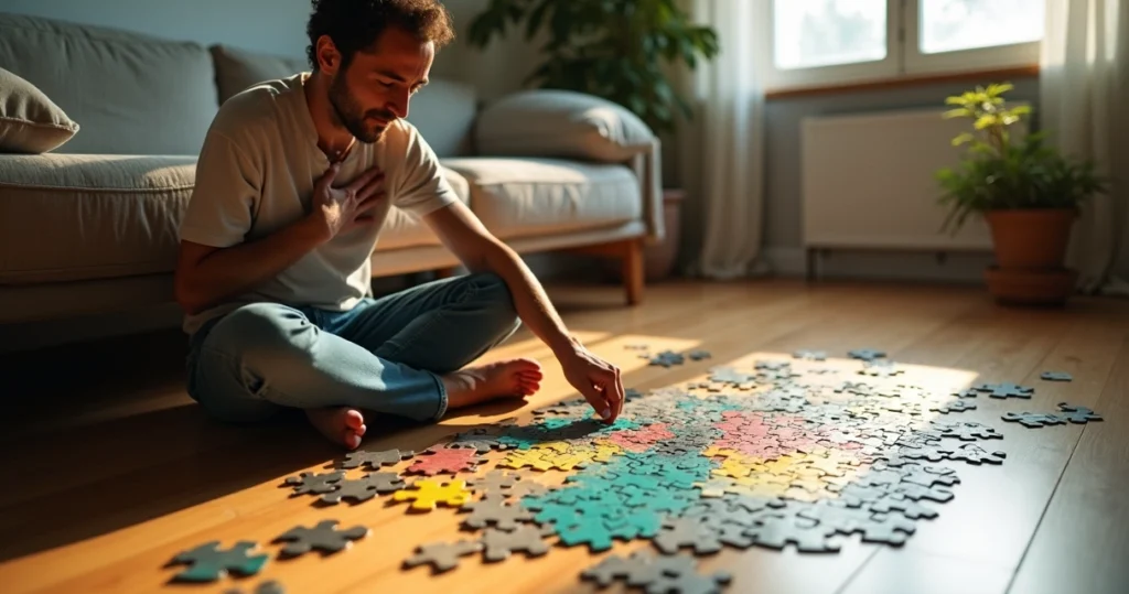 Adulto sentado encaixando peças de quebra-cabeça coloridas ao seu redor
