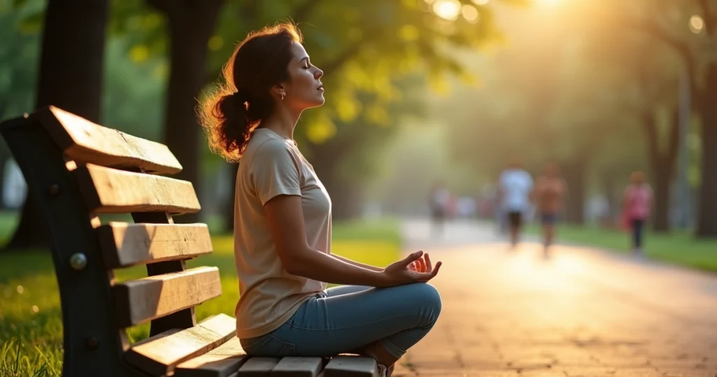 Adulto brasileiro sentado em parque fazendo respiração profunda com olhos fechados