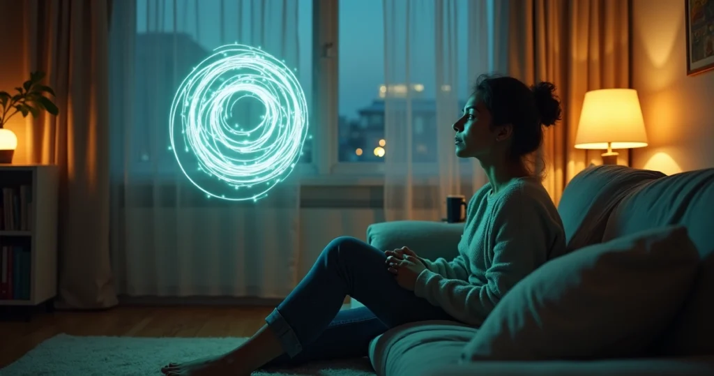 Pessoa adulta sentada em sofá encarando espiral luminosa flutuando na sala