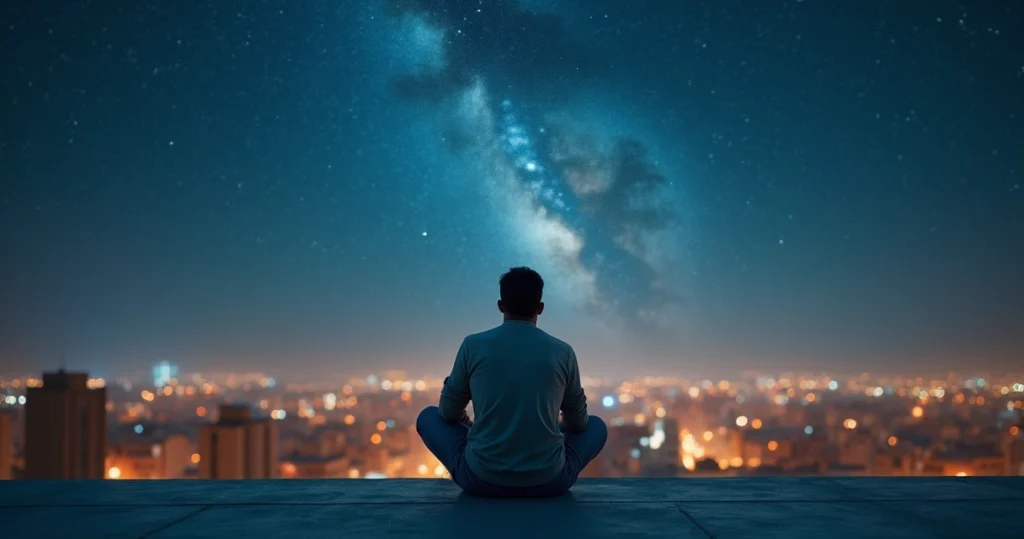 Adulto olhando céu estrelado noturno amarelo e azul a partir de telhado urbano