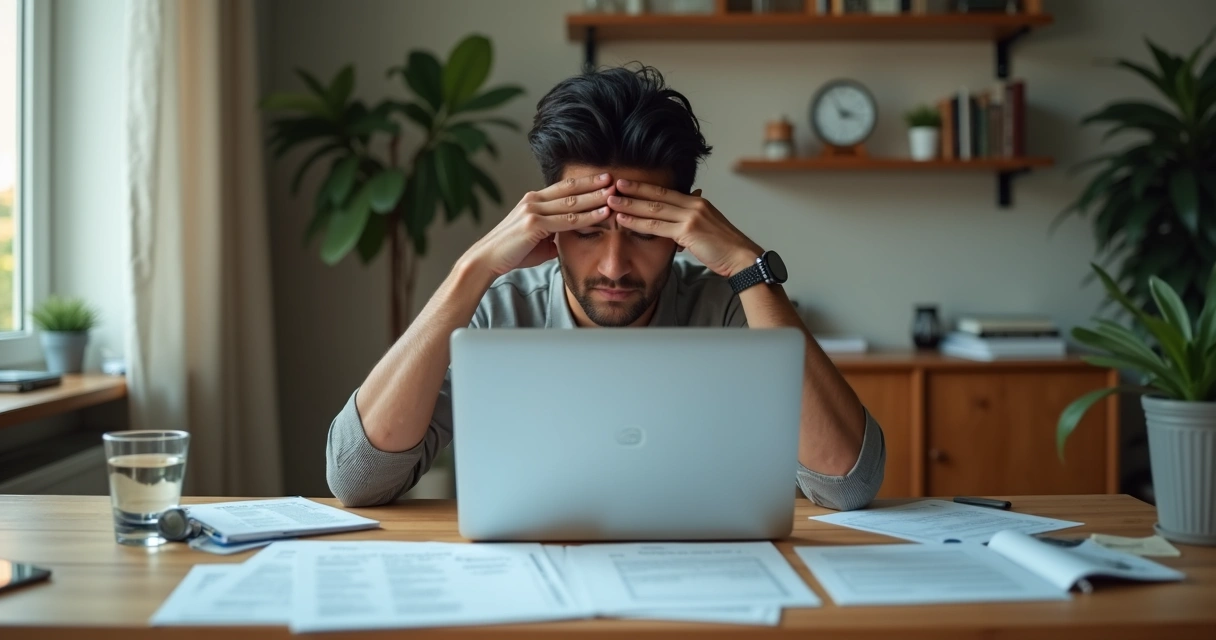 Adulto em escritório com papéis desfocados à frente tentando se concentrar no computador
