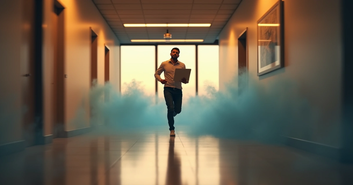 Profissional correndo sozinho em corredor de escritório iluminado junto a trilha de luz nebulosa