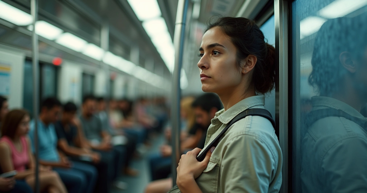 Adulto em metrô cheio olhando pela janela com expressão distante e discreta