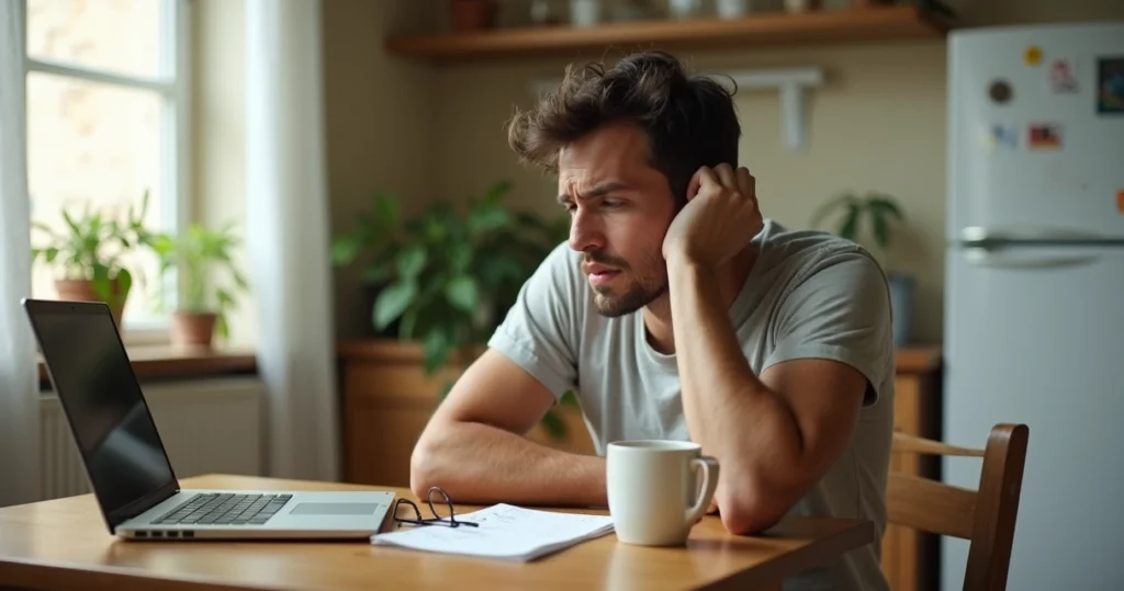 Adulto brasileiro exausto sentado em mesa de trabalho em casa com xícara de café e janela ao fundo
