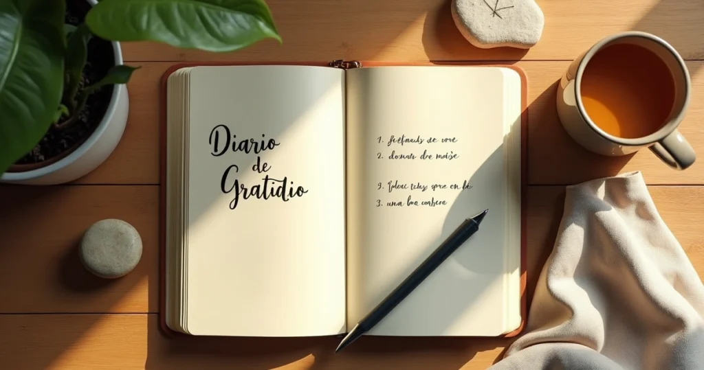 Caderno de gratidão aberto em mesa de madeira com caneta e elementos naturais ao redor