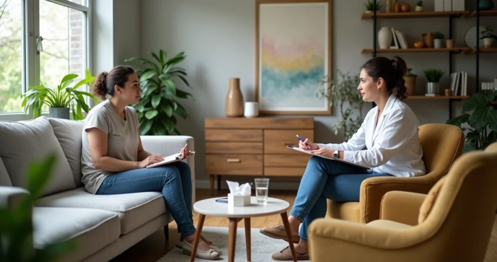Pessoa conversando com terapeuta em consultório acolhedor
