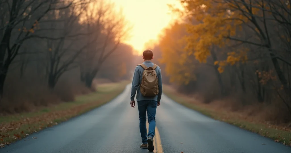 Adulto caminhando por estrada que muda de um lado sombrio para outro claro ao fundo