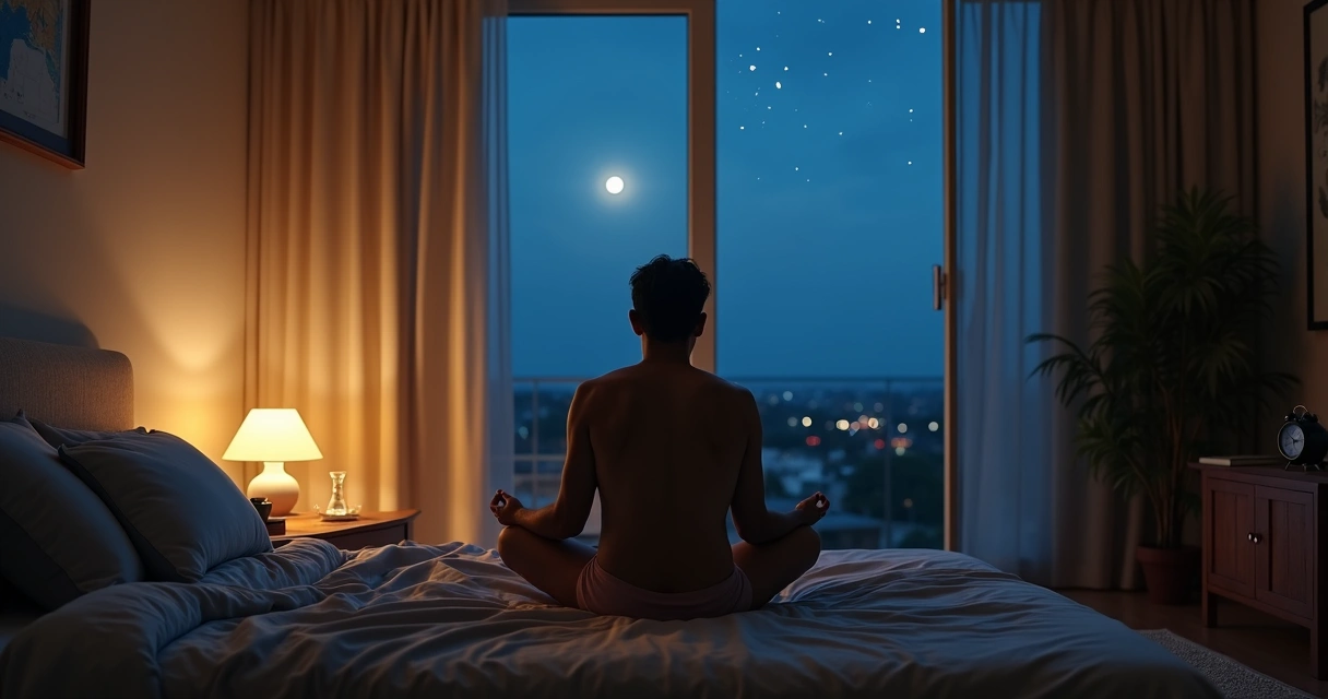 Adulto sentado perto da janela aberta olhando o céu noturno em busca de calma antes de dormir