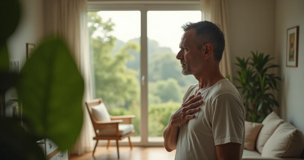 Adulto brasileiro olhando pela janela para a natureza com mão no peito em ambiente calmo
