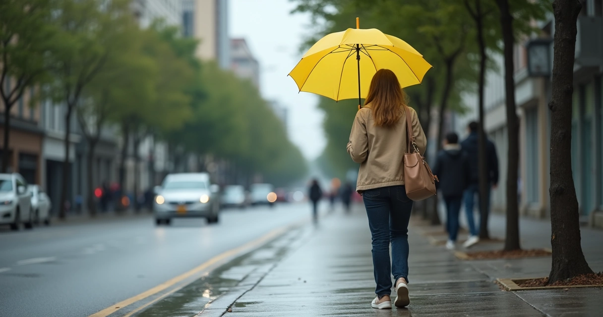 Adulto brasileiro caminhando em calçada com guarda-chuva amarelo aberto em dia nublado
