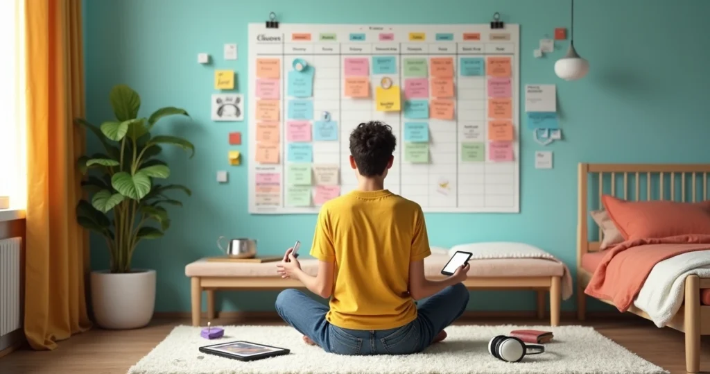 Adulto organiza rotinha visual em parede de quarto moderno e colorido
