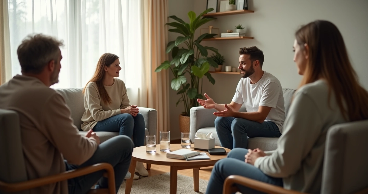 Adultos em roda de conversa aconchegante em sala iluminada por luz natural