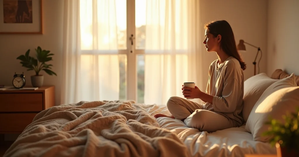 Quarto iluminado ao amanhecer com pessoa sentada na cama e xícara na mão