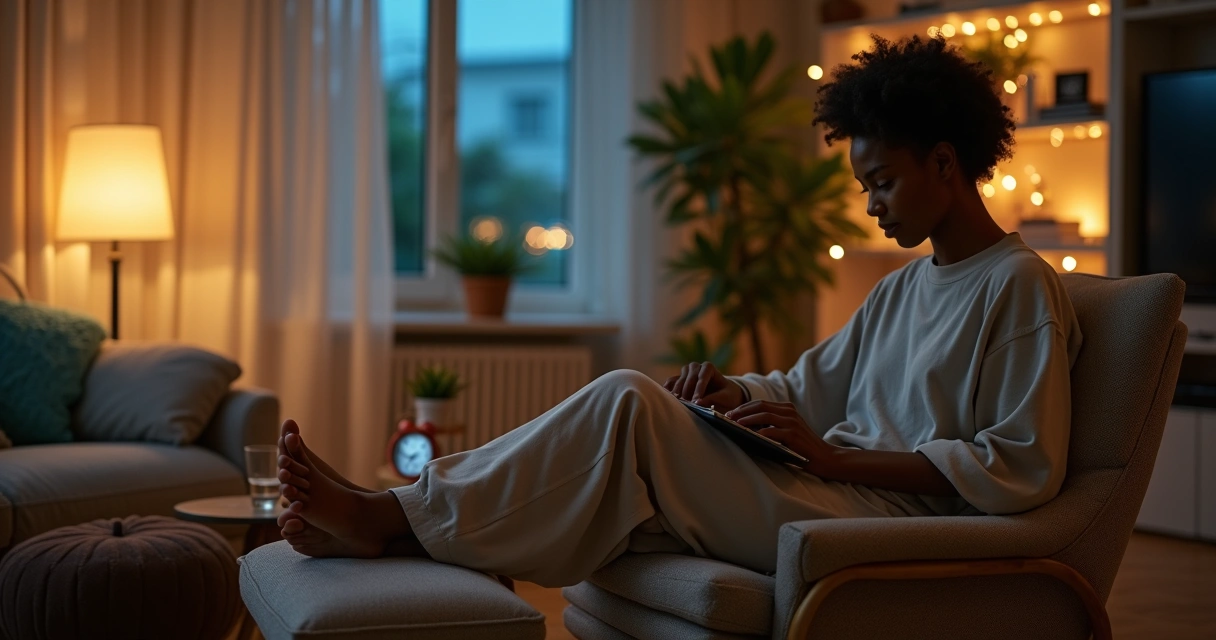 Pessoa adulta preparando rotina calma de sono em sala com luz suave à noite