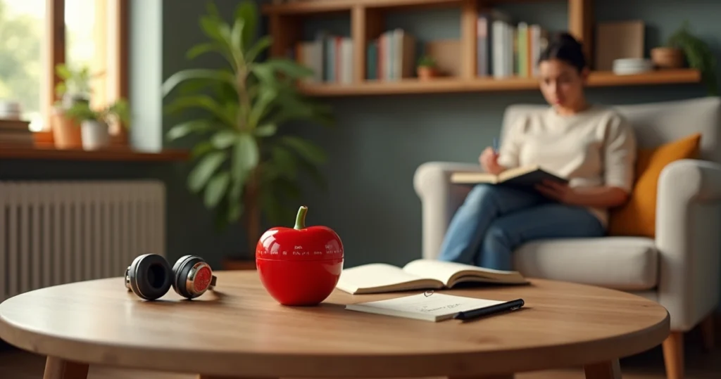 Pessoa usando técnica Pomodoro com timer vermelho em mesa organizada