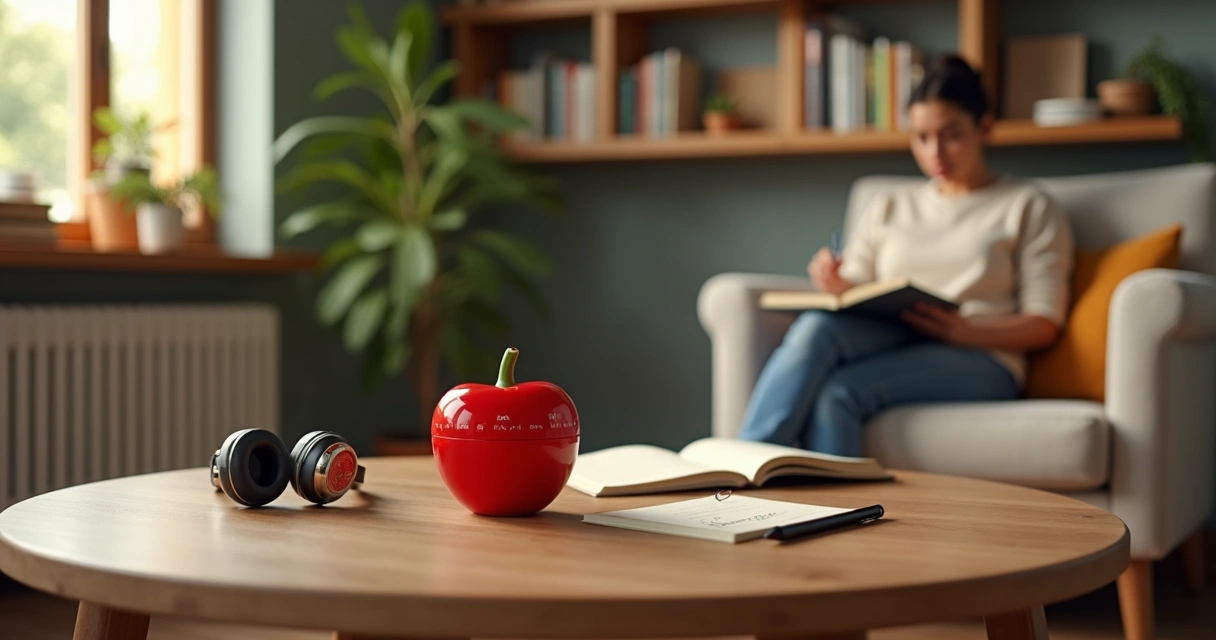 Pessoa usando técnica Pomodoro com timer vermelho em mesa organizada