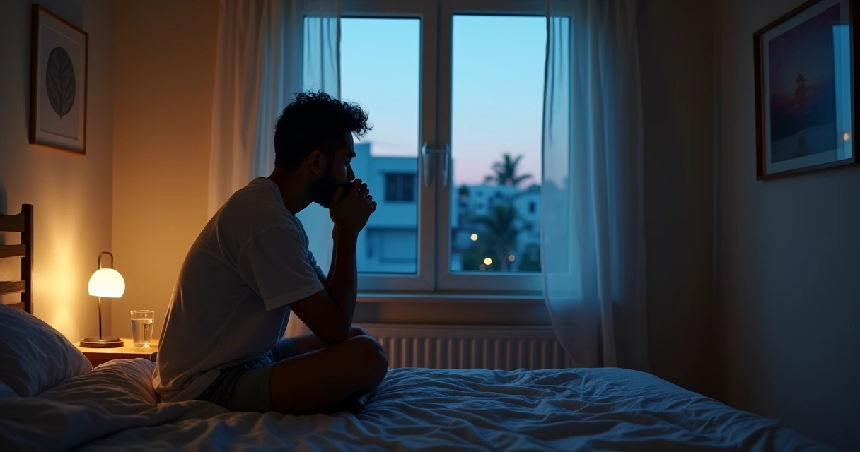 Adulto em quarto ao anoitecer observando sinais sutis de calma pela janela