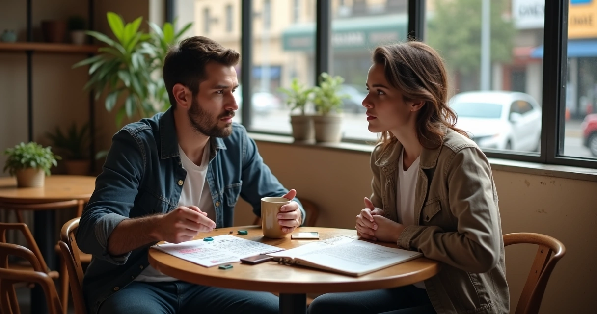 Adulto falando demais em mesa de café enquanto outra pessoa aparenta cansaço atento
