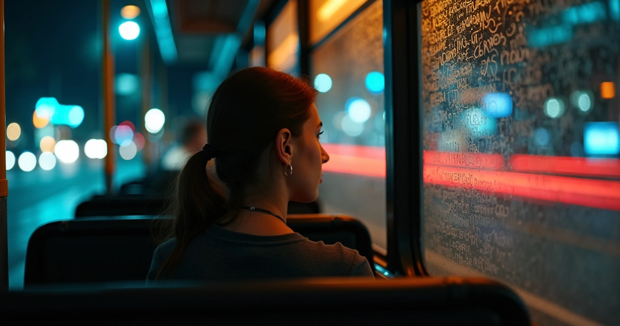 Adulto olhando pela janela de um ônibus noturno com reflexos borrados de luzes da cidade