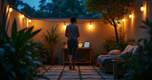 Adulto caminhando à noite em jardim com iluminação suave e céu estrelado