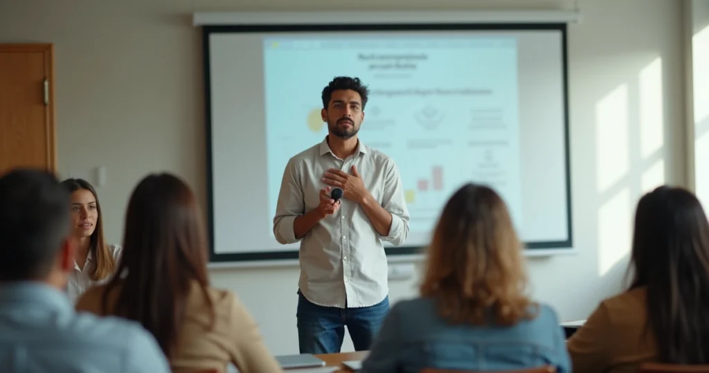 Adulto ansioso parado diante de microfone em sala de apresentação