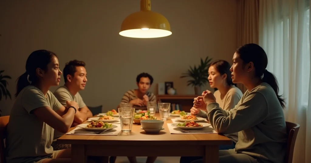 Pessoa ansiosa em silêncio em mesa de jantar com família conversando ao fundo