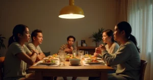 Pessoa ansiosa em silêncio em mesa de jantar com família conversando ao fundo