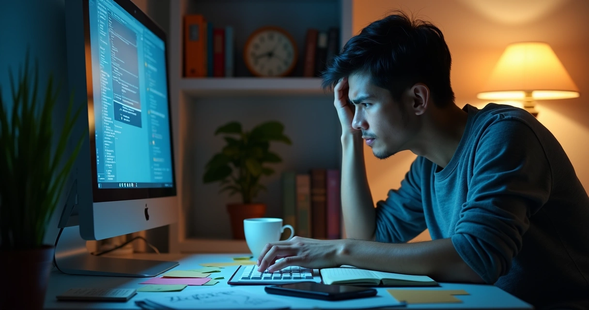 Adulto irritado em frente ao computador em ambiente de escritório bagunçado à noite