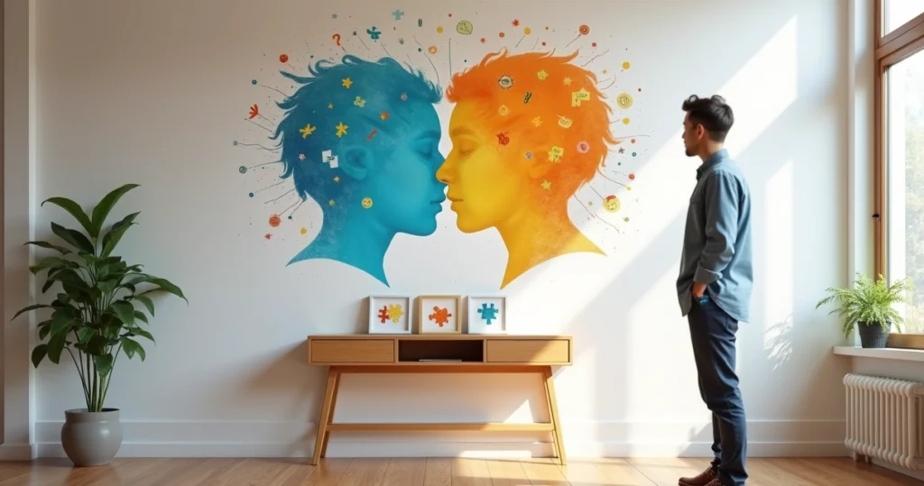 Mural colorido com três silhuetas de cabeça humanas sobrepostas em estilos diferentes