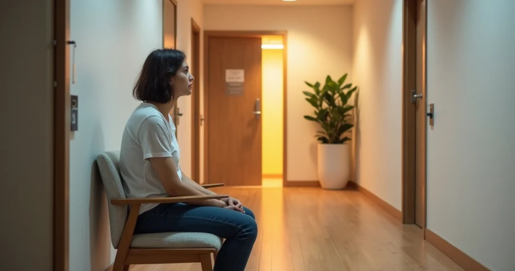 Pessoa adulta sentada em cadeira no corredor de clínica olhando para porta de consultório