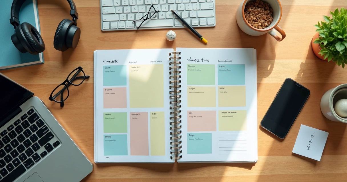 Vista superior de mesa com agenda dividida em blocos coloridos e objetos do dia a dia organizados em grupos