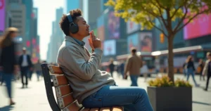 Adulto autista com fones em rua movimentada controlando estímulos sensoriais